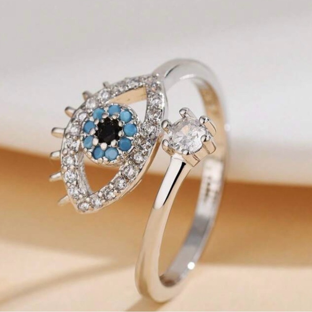 14k Silver Evil Eye Ring with Rhinestones Adjustable Ring - Picture 2 of 6